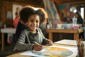 African-American girl draws sitting at a table in a workshop. AI Generative photo