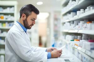 pharmacist checks medicines on a shelf in a pharmacy. AI Generative photo