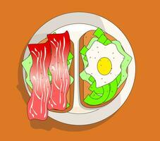 Healthy Breakfast. Sandwich with fried Egg and Avocado toast, Bacon toast with herbs. Serving option. Flat vector illustration. Morning routine. Food