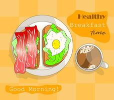 Healthy Breakfast. Sandwich with fried Egg and Avocado toast, Bacon toast with herbs. Coffee Drink. Serving option. Flat vector illustration. Morning routine. Food