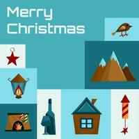 Navidad saludo minimalista saludo tarjeta con fiesta elementos en azul antecedentes antecedentes con inscripción. nuevo año póster en resumen estilo. vector plano ilustración.