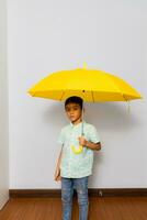 Cute little boy in casual outfit on background photo