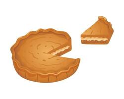 Isolated cut pie and piece of pie. Fragrant sweet pastry made from dough with a crispy crust. A confectionery product made from flour with filling and spices. Vector illustration.