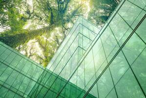 Eco-friendly building in the modern city. Sustainable glass office building with tree for reducing heat and carbon dioxide. Office building with green environment. Corporate building reduce CO2. photo