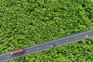 Aerial top view of car and truck driving on highway road in green forest. Sustainable transport. Drone view of hydrogen energy truck and electric vehicle driving on asphalt road through green forest. photo