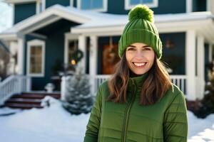 Portrait of a smiling beautiful young woman wearing a green winter jacket and knitted hat standing in front of home decorated with Christmas tree and white snow. Happy winter holidays. Generative AI. photo