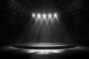 Artistic performances stage light background with spotlight illuminated the stage for contemporary dance. Empty stage with monochromatic colors and lighting design. Entertainment show. Generative AI. photo