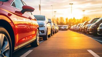 Car parked at outdoor parking lot. Used car for sale and rental service. Car insurance background. Automobile parking area. Car dealership and dealer agent concept. Automotive industry. Generative AI. photo