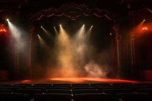 Theater stage light background with spotlight illuminated the stage for opera performance. Empty stage with warm ambiance colors, fog, smoke, backdrop decoration. Entertainment show. Generative AI. photo