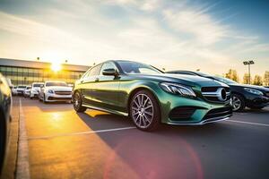 lujo costoso coche estacionado a al aire libre estacionamiento lote. usado coche para rebaja y alquiler servicio. coche seguro antecedentes. automóvil estacionamiento área. coche concesión y comerciante agente concepto. generativo ai. foto