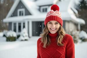 Portrait of a smiling beautiful young woman wearing red knitted sweater and knitted hat standing in front of home decorated with Christmas tree and white snow. Happy winter holidays. Generative AI. photo