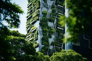 Sustainable green building in modern city. Green architecture. Eco-friendly building. Sustainable building with vertical garden reduce CO2. Futuristic building. Net zero emissions. Generative AI. photo