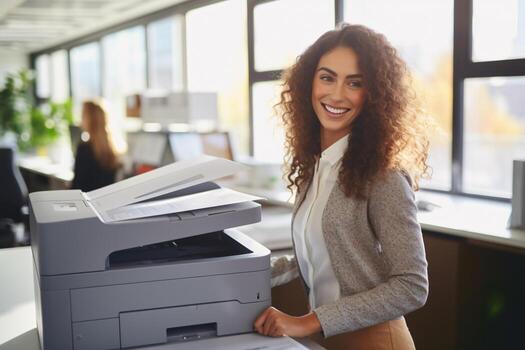 Office worker prints paper on multifunction laser printer. Document and paperwork concept. Secretary work. Smiling woman working in business office. Copy, print, scan, and fax machine. Generative AI. photo