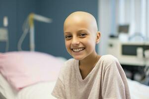 contento cáncer paciente. sonriente niña después quimioterapia tratamiento a hospital oncología departamento. leucemia cáncer recuperación. cáncer sobreviviente. retrato de un sonriente calvo linda adolescente muchacha. generativo ai. foto