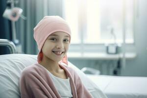 Happy cancer patient. Smiling girl after chemotherapy treatment at hospital oncology department. Leukemia cancer recovery. Cancer survivor. Smiling bald cute girl with a pink headscarf. Generative AI. photo
