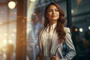 confidente negocio mujer en moderno corporativo oficina. retrato de confidente hembra empresario en un puesta en marcha empresa. confianza y logro en puesta en marcha. exitoso mujer de negocios. generativo ai. foto