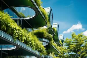 Eco-friendly building in the modern city. Sustainable glass office building with tree for reducing carbon dioxide. Office building with green environment. Corporate building reduce CO2. Generative AI photo