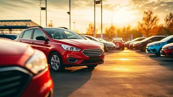 coche estacionado a al aire libre estacionamiento lote. usado coche para rebaja y alquiler servicio. coche seguro antecedentes. automóvil estacionamiento área. coche concesión y comerciante agente concepto. automotor industria. generativo ai. foto