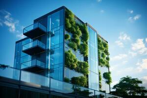 Eco-friendly building in the modern city. Sustainable glass office building with tree for reducing carbon dioxide. Office building with green environment. Corporate building reduce CO2. Generative AI photo