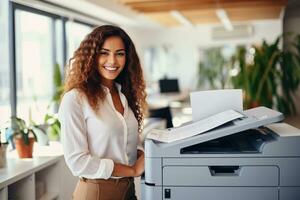 Office worker prints paper on multifunction laser printer. Document and paperwork concept. Secretary work. Smiling woman working in business office. Copy, print, scan, and fax machine. Generative AI. photo