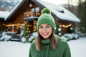 Portrait of a smiling beautiful young woman wearing green knitted sweater and knitted hat standing in front of home decorated with Christmas tree and white snow. Happy winter holidays. Generative AI. photo