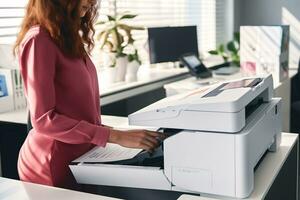 Office worker print paper on multifunction laser printer. Document and paperwork. Secretary work. Woman working in business office. Copy, print, scan, and fax machine. Print technology. Generative AI. photo