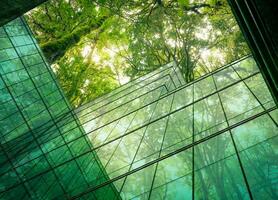 edificio ecológico en la ciudad moderna. edificio de oficinas de vidrio sostenible con árbol para reducir el calor y el dióxido de carbono. edificio de oficinas con entorno verde. el edificio corporativo reduce el co2. foto