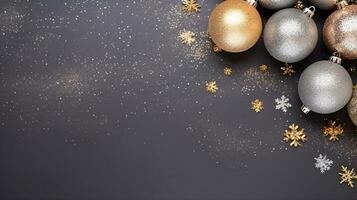 Top view of golden Christmas bauble ball decoration on black table background with copy space. Merry Christmas and New Year card background. Winter holiday Xmas concept. Frame for card. Generative AI. photo