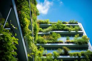 Eco-friendly building in the modern city. Sustainable glass office building with tree for reducing carbon dioxide. Office building with green environment. Corporate building reduce CO2. Generative AI photo