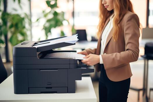 Office worker print paper on multifunction laser printer. Document and paperwork. Secretary work. Woman working in business office. Copy, print, scan, and fax machine. Print technology. Generative AI. photo