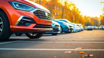 Car parked at outdoor parking lot. Used car for sale and rental service. Car insurance background. Automobile parking area. Car dealership and dealer agent concept. Automotive industry. Generative AI. photo