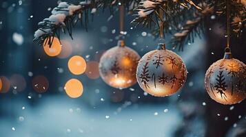 Closeup of Christmas bauble ball decoration on Christmas tree with golden bokeh festive lights background. Merry Christmas and Happy New Year greeting cards. Xmas night. Winter holiday. Generative AI. photo