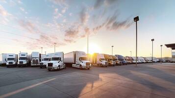 Fleet of trucks parked at parking lot yard of delivery company. Truck transport. Logistic industry. Freight transportation. Commercial truck for delivering goods from warehouse. Generative AI. photo