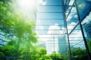 Eco-friendly building in the modern city. Sustainable glass office building with tree for reducing carbon dioxide. Office building with green environment. Corporate building reduce CO2. Generative AI. photo