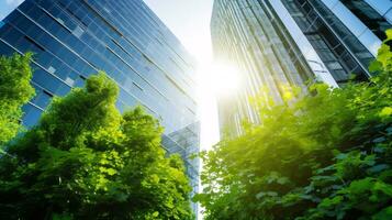 Eco-friendly building in the modern city. Sustainable glass office building with tree for reducing carbon dioxide. Office building with green environment. Corporate building reduce CO2. Generative AI. photo