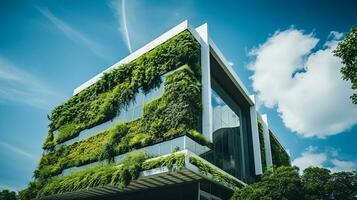 Eco-friendly building in the modern city. Sustainable glass office building with tree for reducing carbon dioxide. Office building with green environment. Corporate building reduce CO2. Generative AI photo