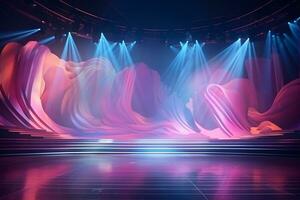 Modern dance stage light background with spotlight illuminated for modern dance production stage. Empty stage with dynamic color washes. Stage lighting art design. Entertainment show. Generative AI. photo