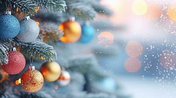 Closeup of Christmas bauble ball decoration on Christmas tree with golden bokeh festive lights background. Merry Christmas and Happy New Year greeting cards. Xmas night. Winter holiday. Generative AI. photo