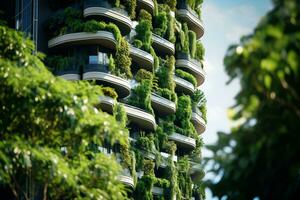 Sustainable green building in modern city. Green architecture. Eco-friendly building. Sustainable building with vertical garden reduce CO2. Futuristic building. Net zero emissions. Generative AI. photo