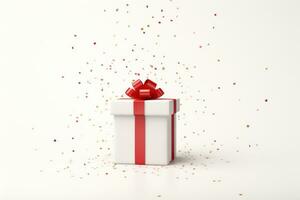 White gift box with ribbon and confetti isolated. AI Generated photo