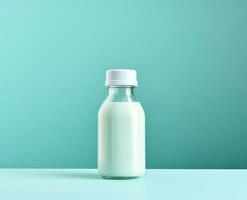 Bottle of milk isolated on a blue background. AI Generated photo