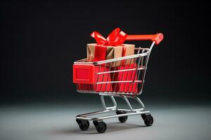 Gift boxes in a shopping cart on a black background. AI Generated photo