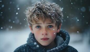 Portrait of a boy in winter with snow falling down. AI Generated photo