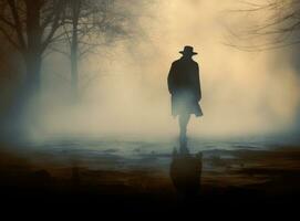 silueta de un hombre en un largo Saco y sombrero en un niebla. ai generado foto