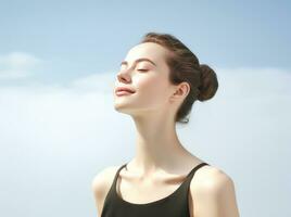 joven mujer meditando con el cielo antecedentes. consciencia. ai generado foto