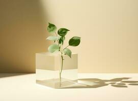 A plant in a square glass vase on a beige background. AI Generated photo