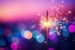 A lit sparkler with a pink and blue bokeh background. AI Generated photo