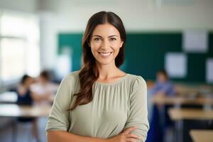 A young female teacher with arms crossed in a classroom. AI Generated photo