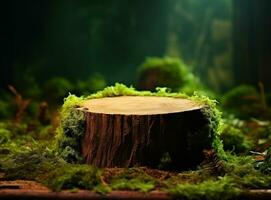 A mossy tree stump in a forest. Product display mockup. AI Generated photo