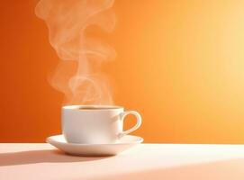 A steaming coffee cup on an orange copy space. AI Generated photo